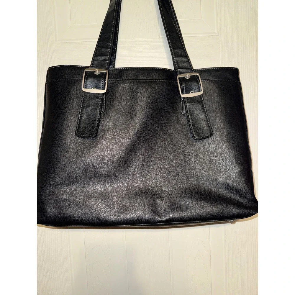 Solo Black Faux Leather Laptop Tote Bag Large Buckle Detail Blue Interior